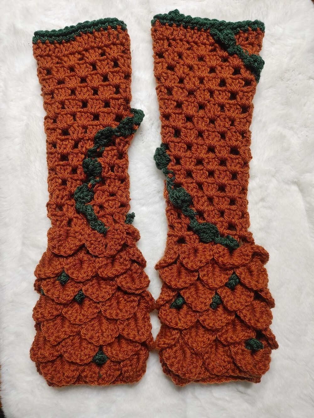 Handmade Crochet Pumpkin Dragon Scale Fingerless Gloves One Of A Kind Autumn